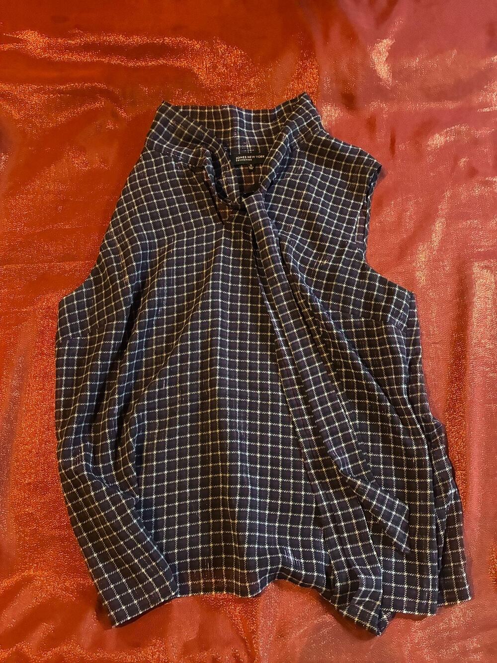 Jones New York Collection Blouse Womens 16 Sleeveless Mock Neck Windowpane Navy